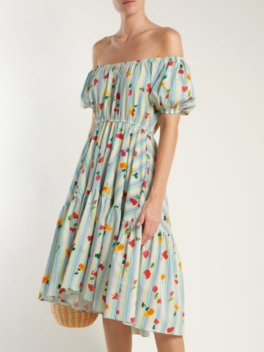 Caroline Constas Bardot Midi Dress Small Floral Pinstripe Cottage Resort Cruise